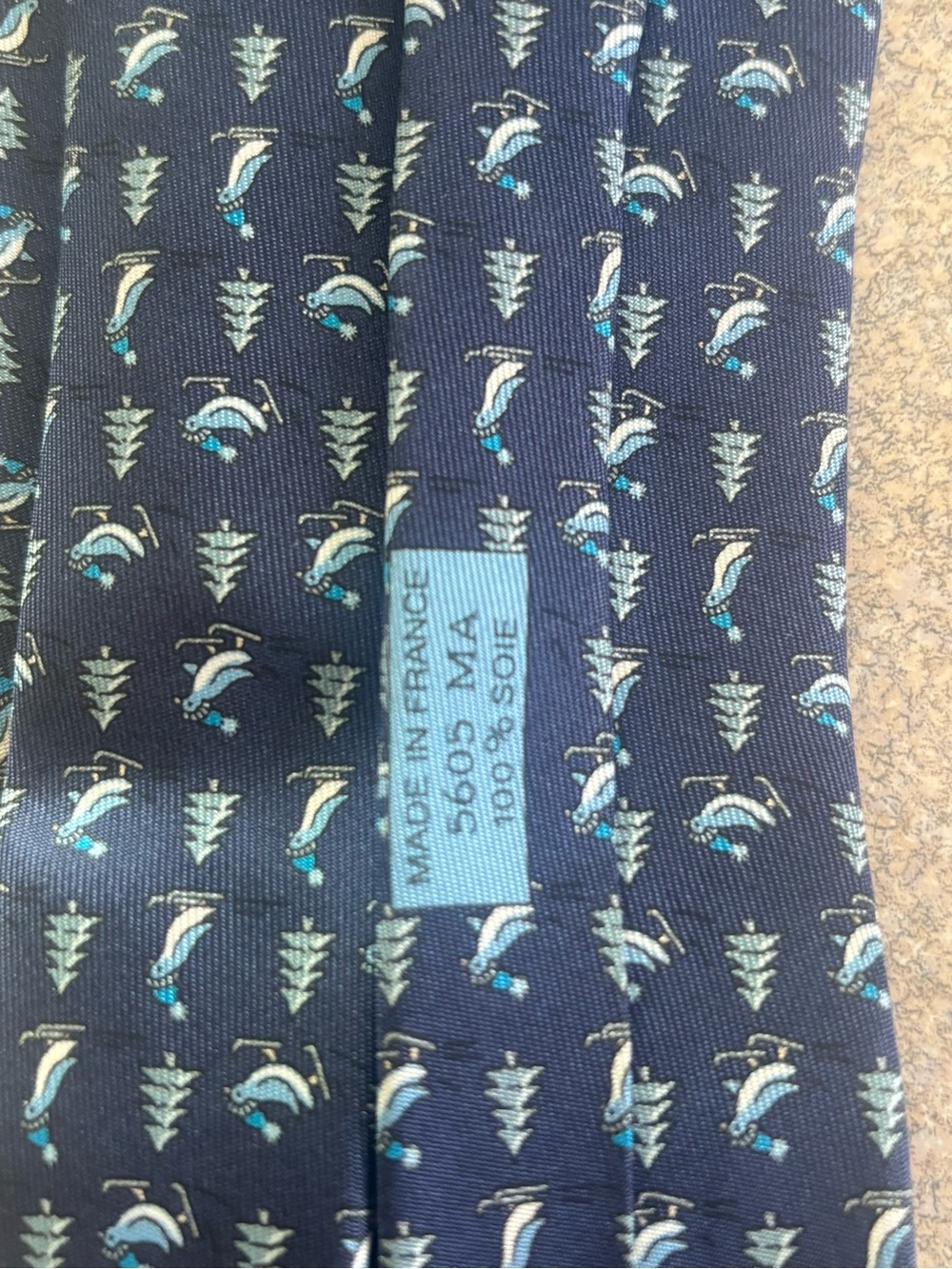 Hermes Navy Blue Silk Tie with Penguin Motif - Picture 2 of 5